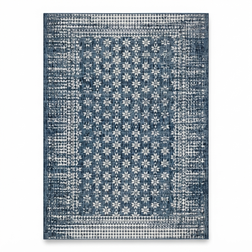 Pearl Blue Floral Polypropylene - Outdoor Rug — studio view