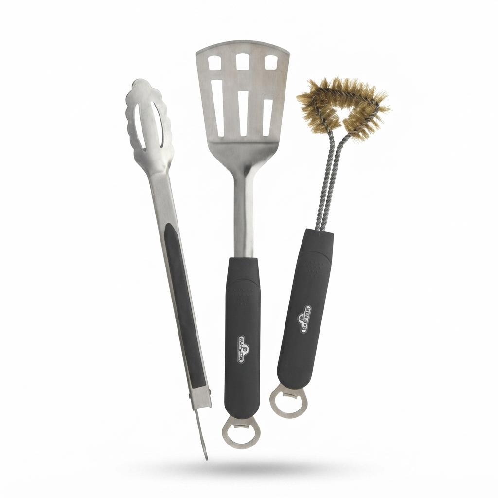 3 Piece Stainless Steel BBQ Toolset — front view