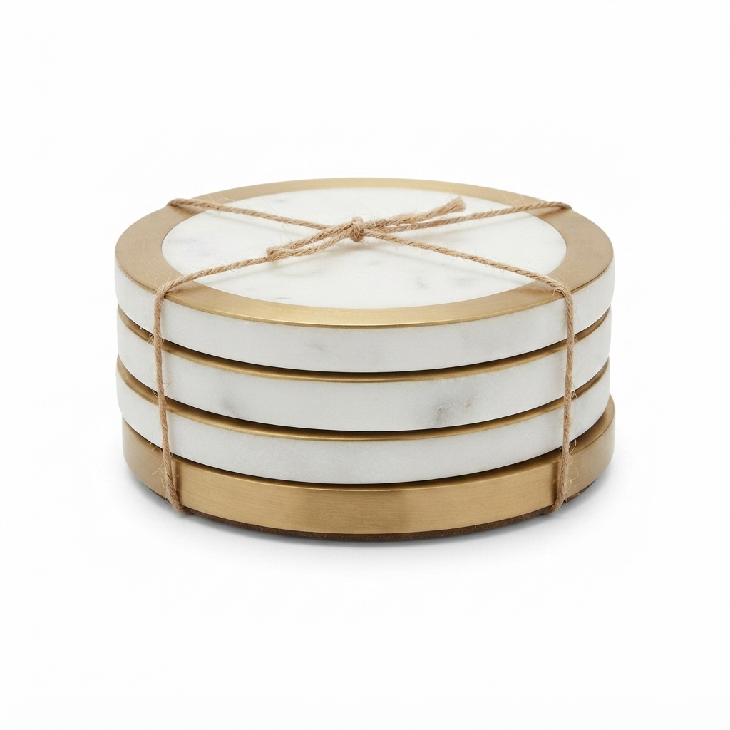 Circa S/4 Marble Brass Coasters 10cm White — front view