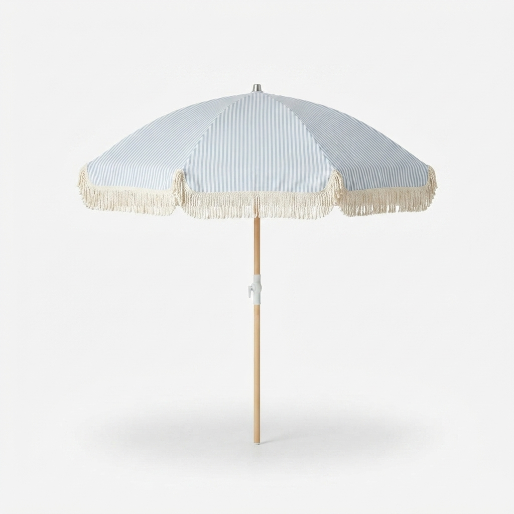 Marble Blue and White Stripe Beach Umbrella — side view