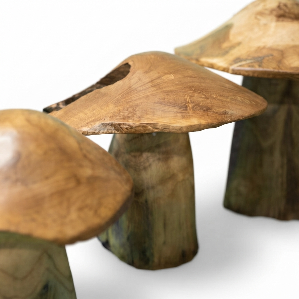 Teak Mushroom Sculpture — detail close-up