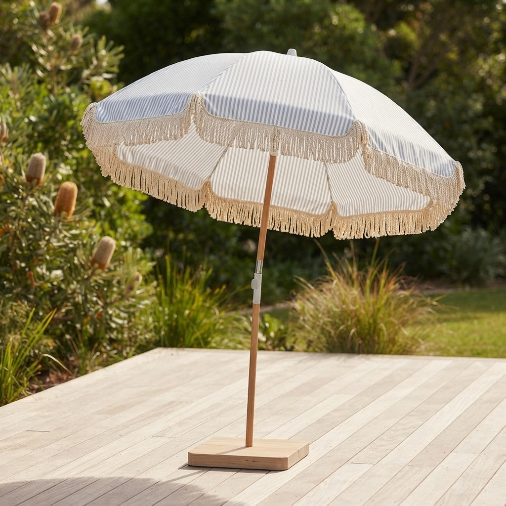Marble Blue and White Stripe Beach Umbrella — outdoor setting