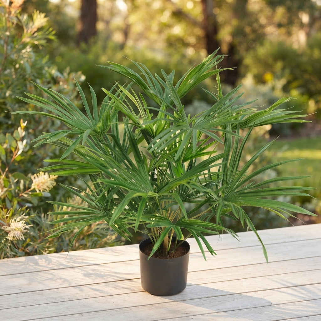 Baby Fan Palm Potted Bush w/17 Leaves 45cm — outdoor setting