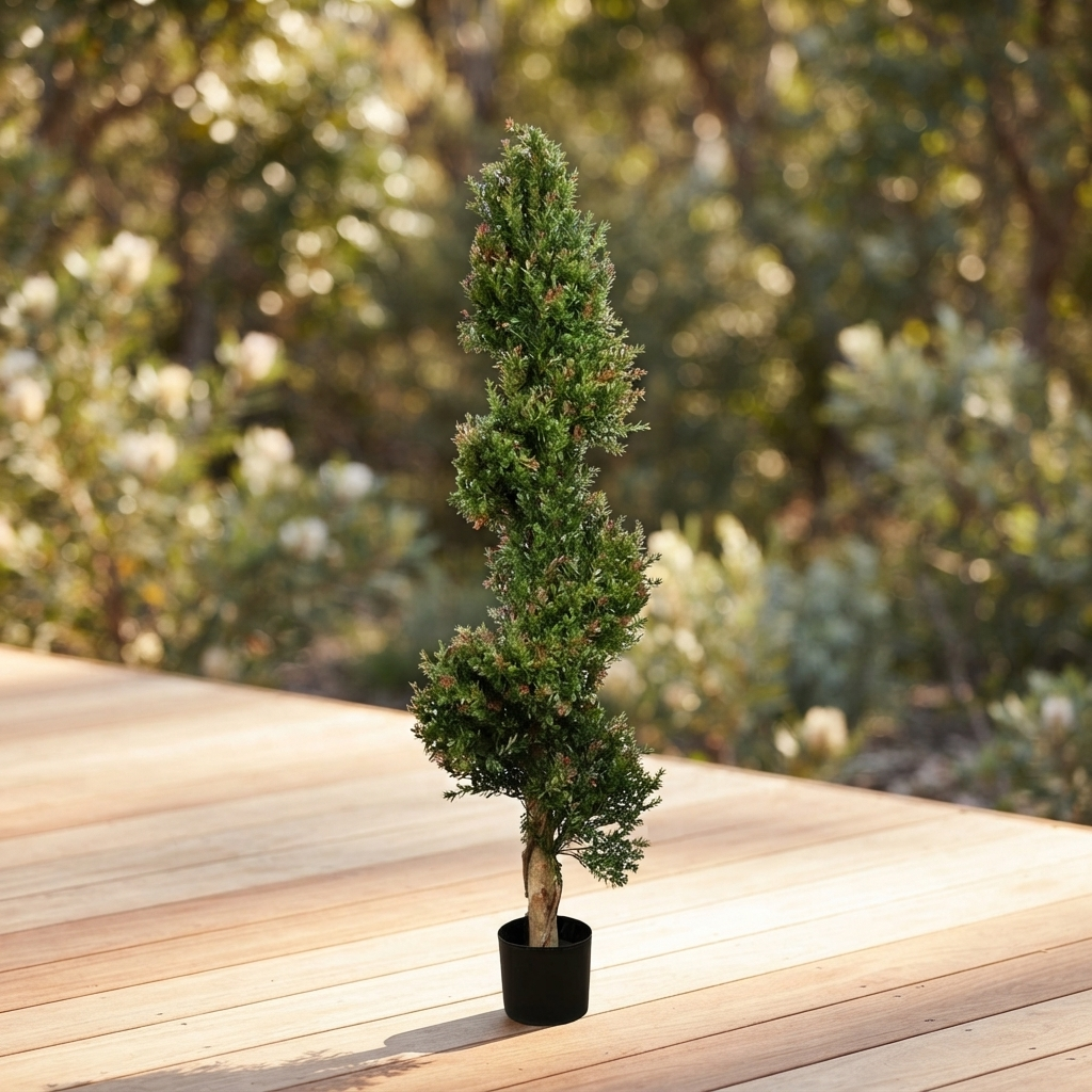 Red Day Leaf Spiral - Artificial Plant (1.4m) — outdoor setting