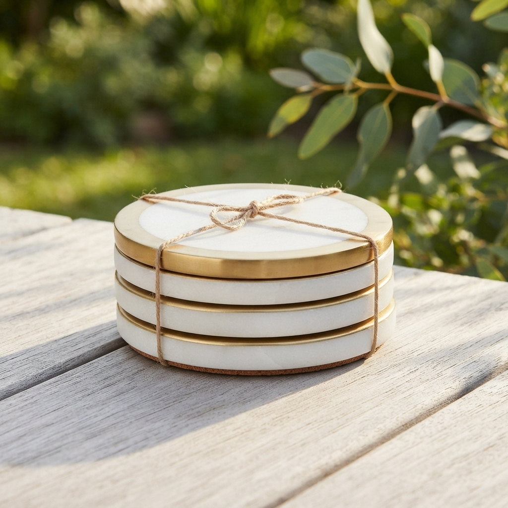 Circa S/4 Marble Brass Coasters 10cm White — outdoor setting