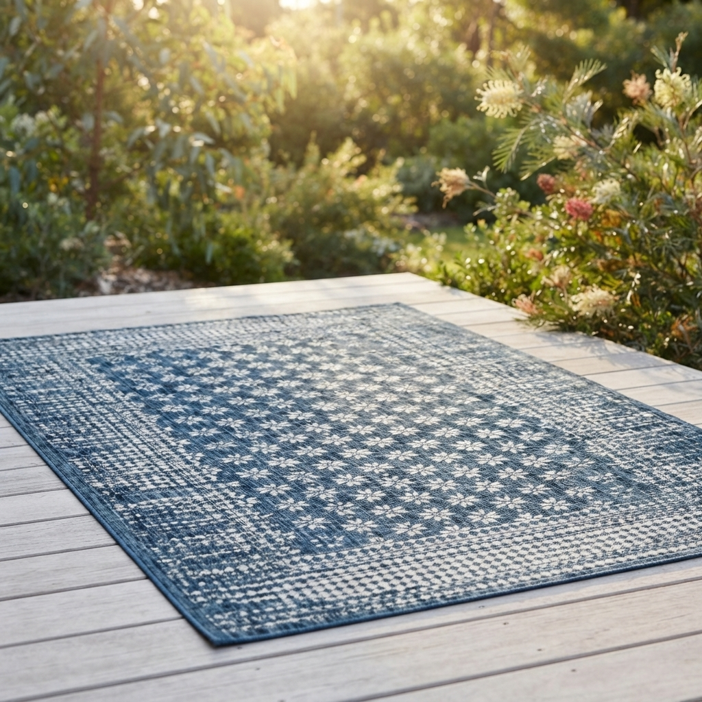 Pearl Blue Floral Polypropylene - Outdoor Rug — outdoor setting