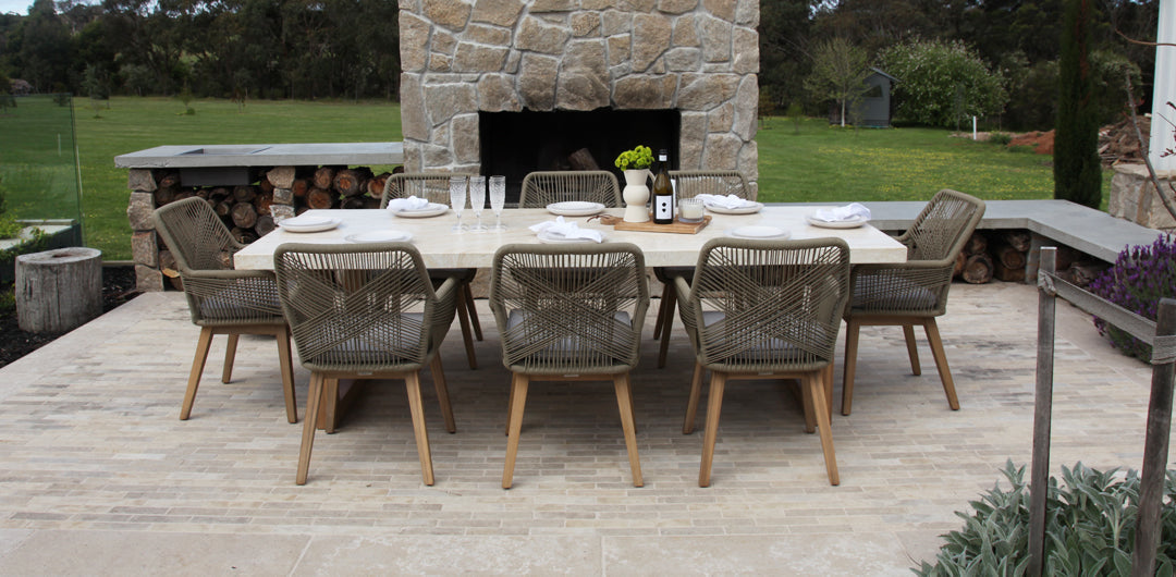 Veltis Albenga 9pc Travertine Dining Setting