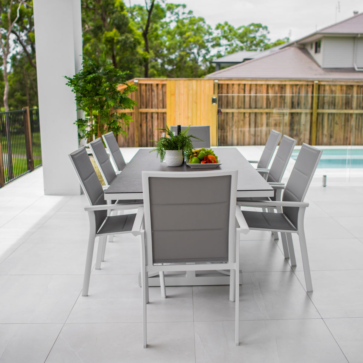 Margot Chester Moon - 9pce (215x100) - White/Grey Outdoor Dining Set