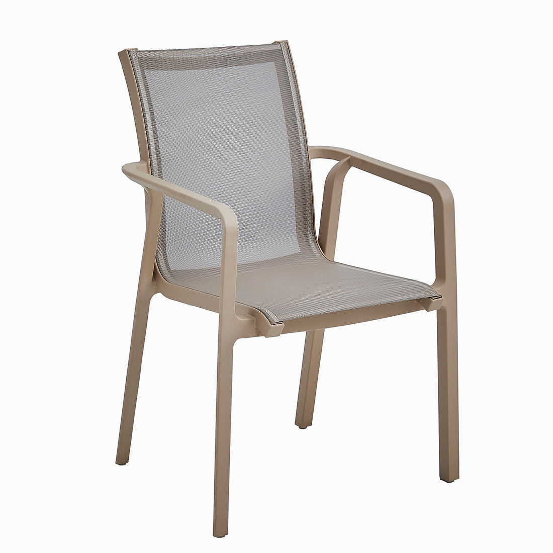 Compact stackable outdoor dining chair in taupe