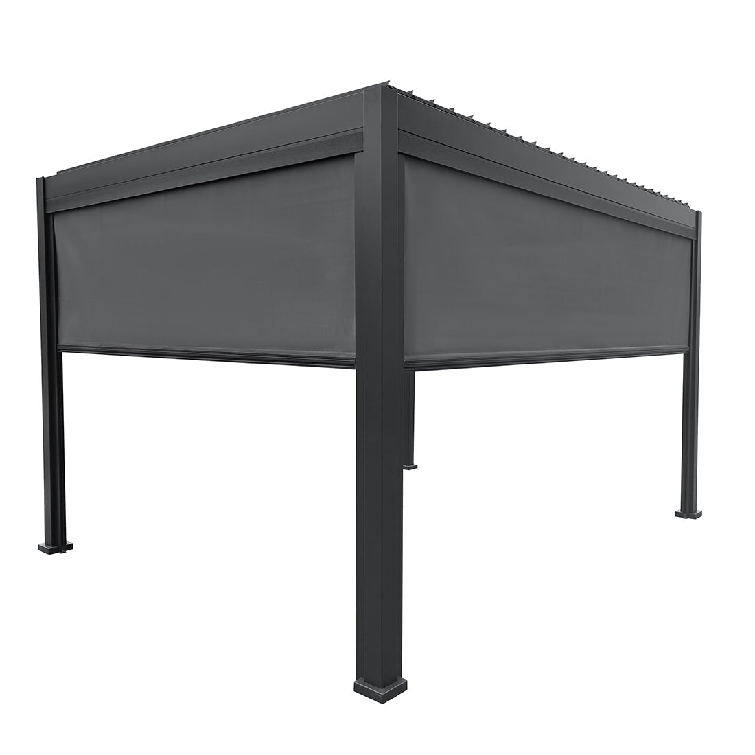 Grey aluminium pergola providing shade over an outdoor seating area