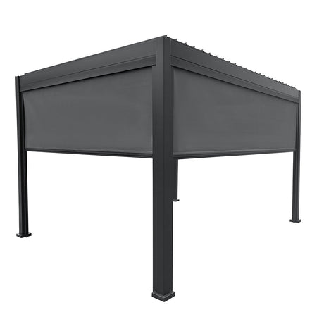 Grey aluminium pergola providing shade over an outdoor seating area