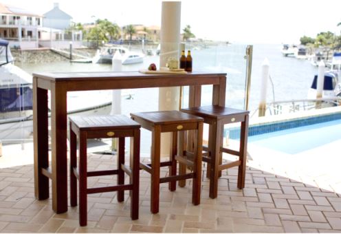 Kwila slimline timber bar set with stools on a deck