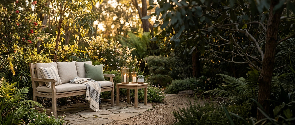 Timber garden bench styled with cushions and candle lanterns in a spring garden