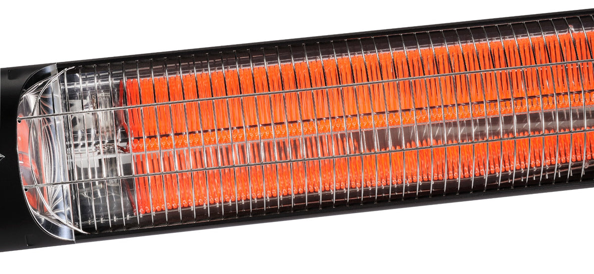 Wall-mounted electric infrared patio heater warming an outdoor seating area