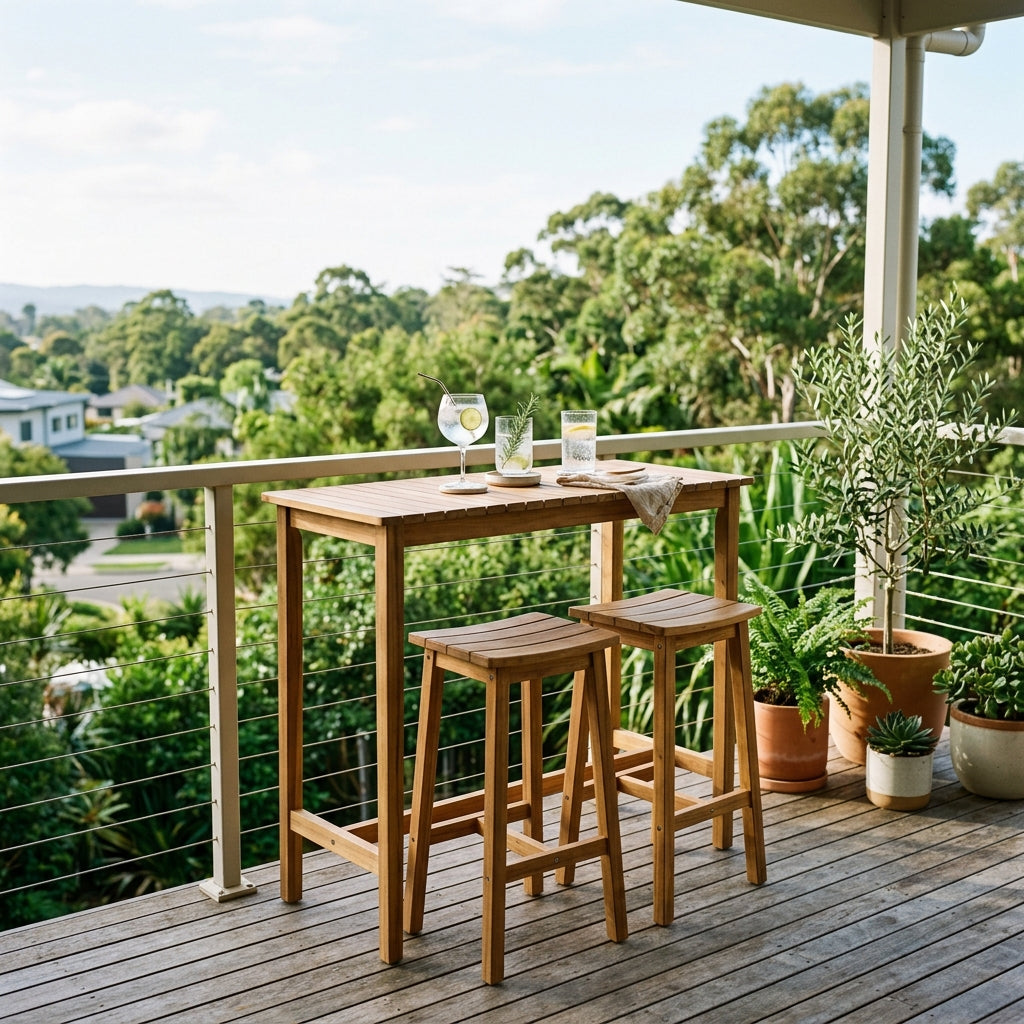 Outdoor bar setting with table and stools