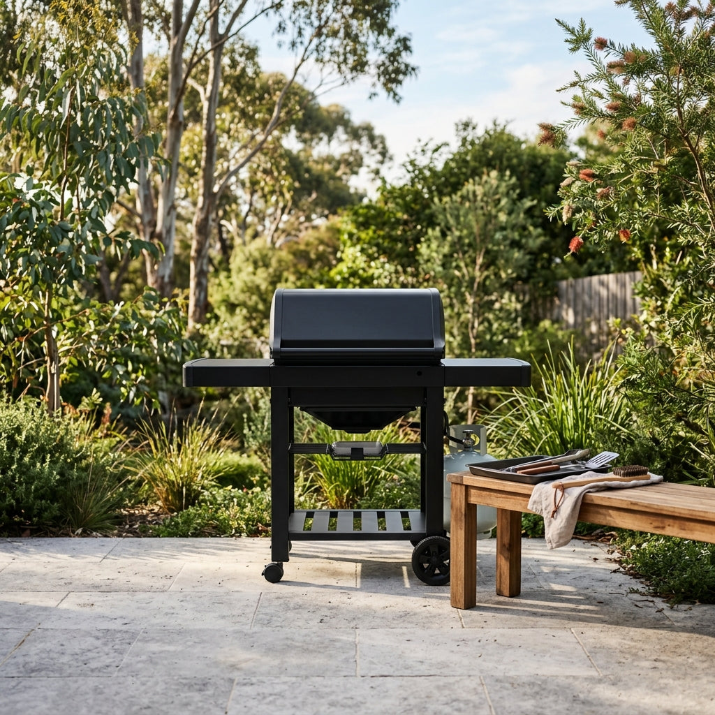 Gas BBQ on trolley in an alfresco setting