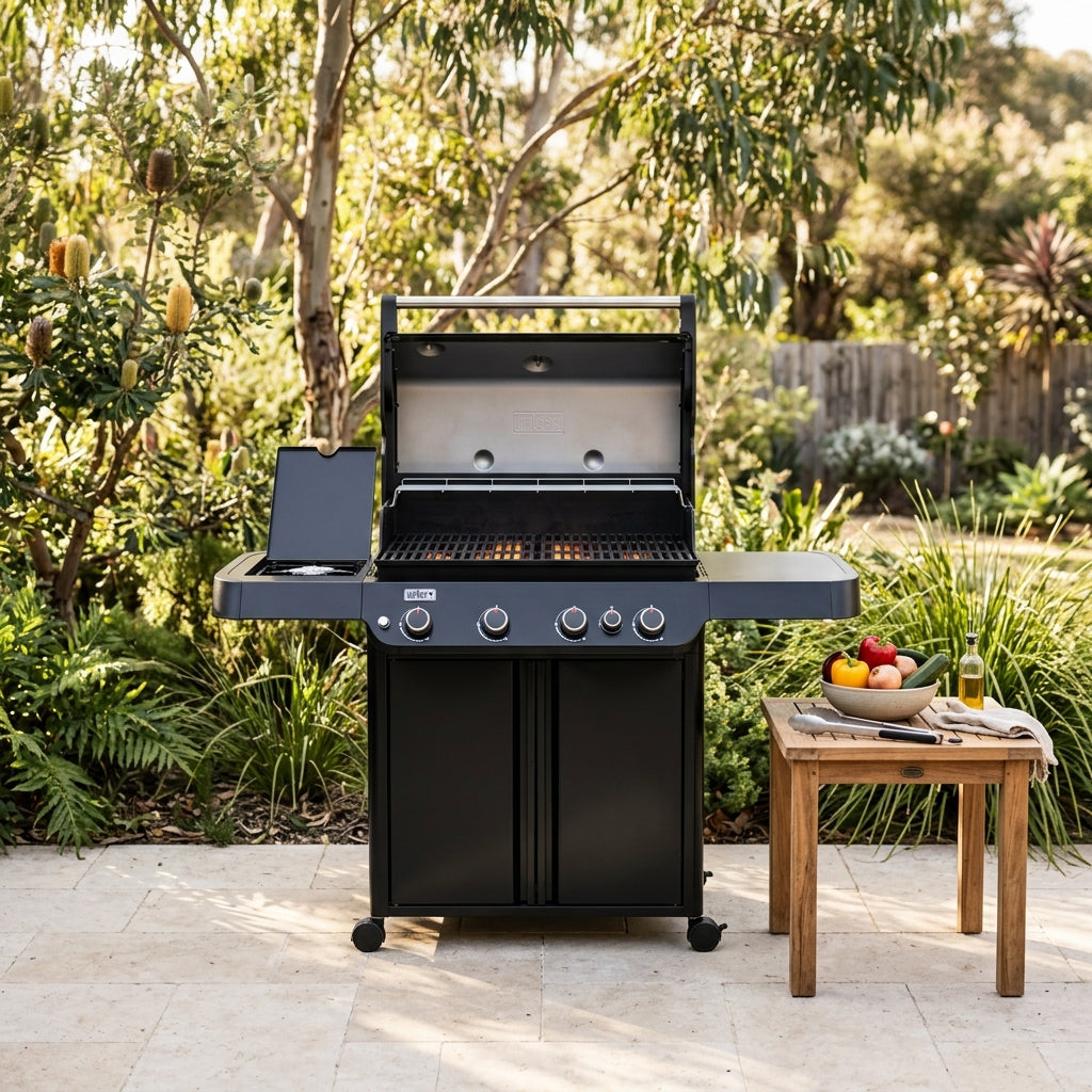 Four-burner BBQ with hood open on an alfresco patio