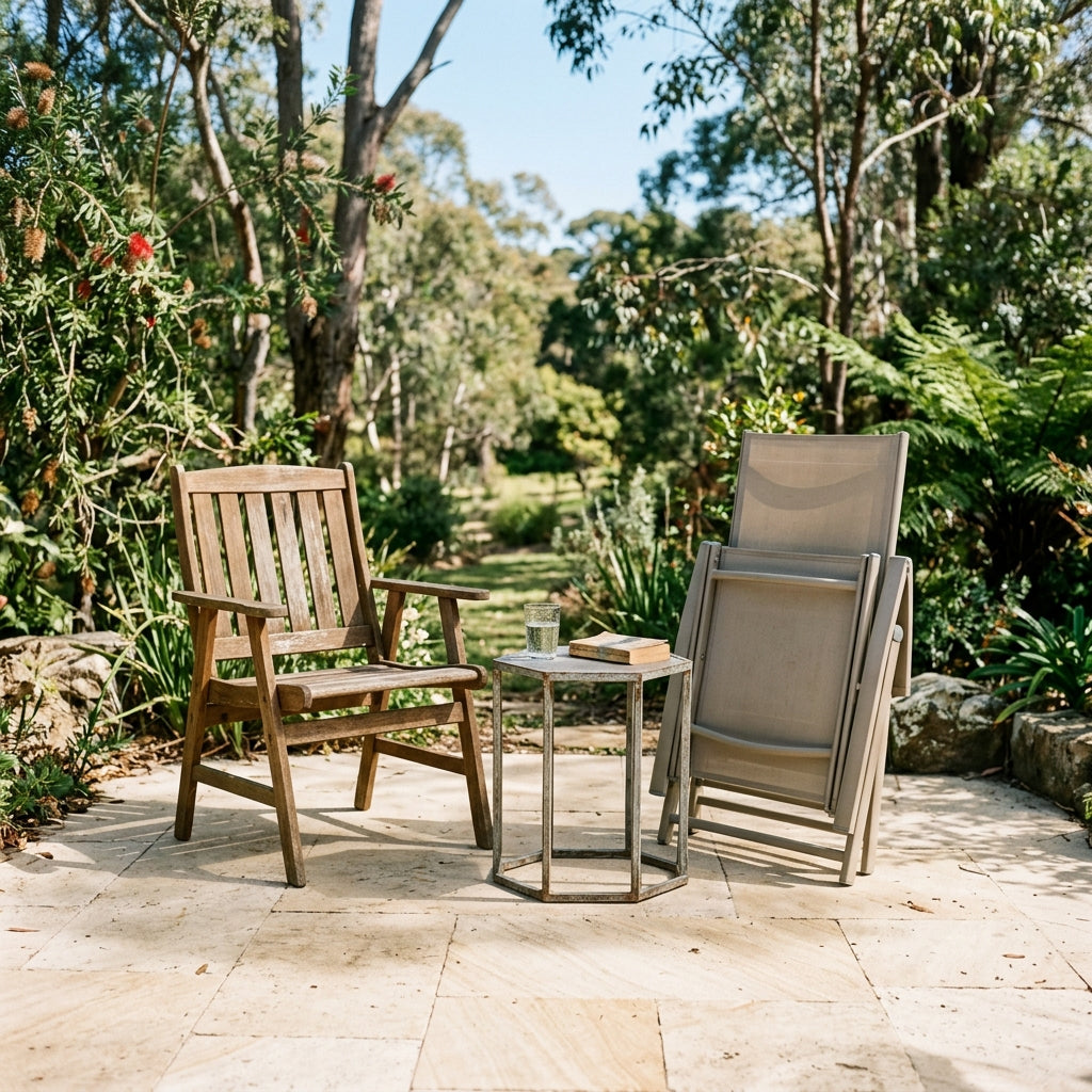 Mixed clearance outdoor furniture pieces on a patio