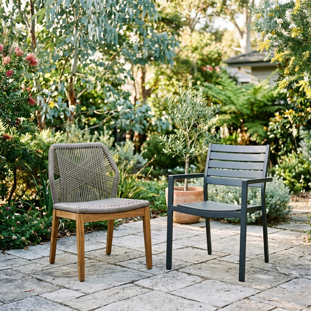 Matched outdoor chairs on a stone patio