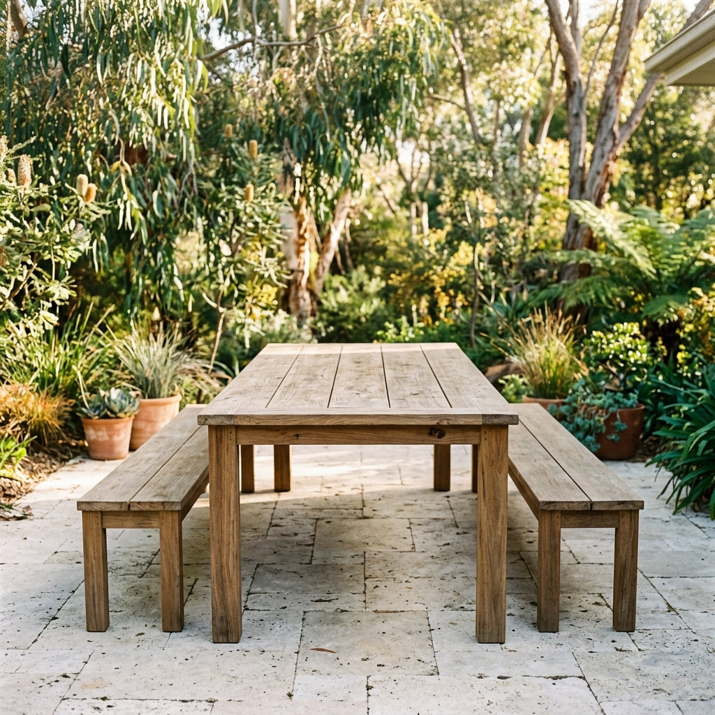 Timber outdoor dining table on a stone patio
