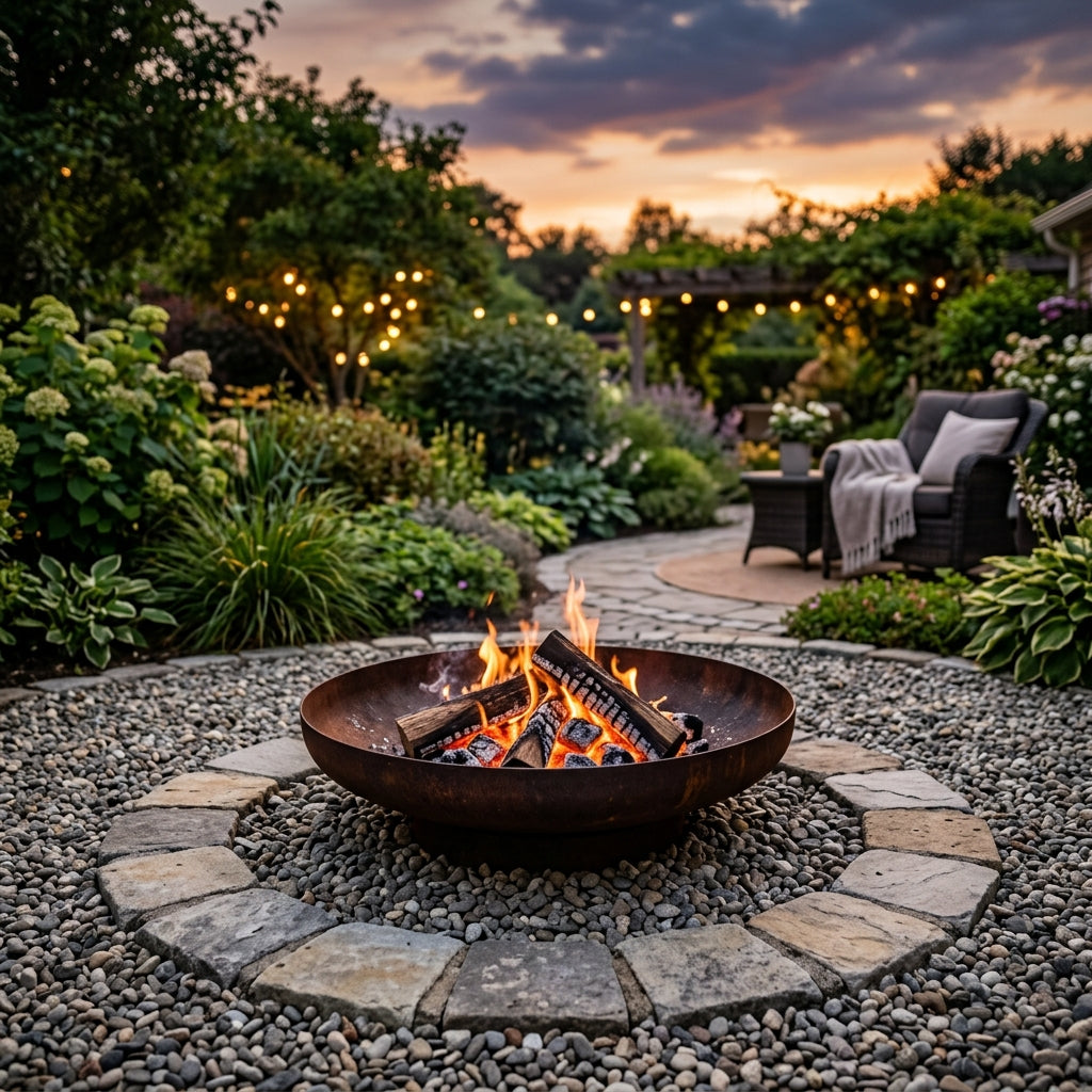Round steel firepit bowl with flames at dusk