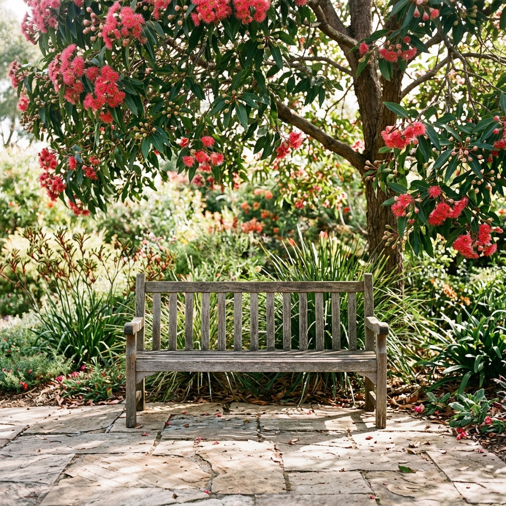 Timber garden bench beneath a flowering gum tree