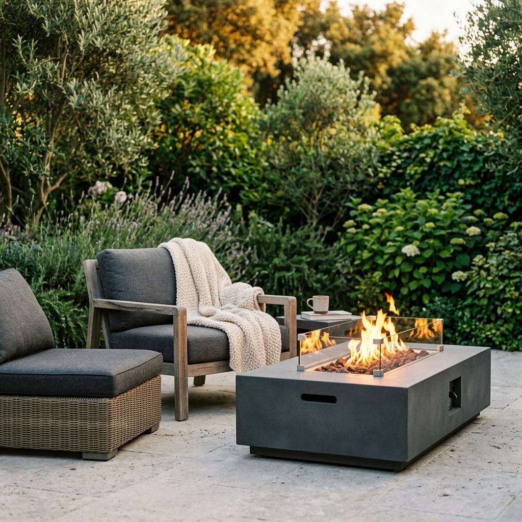 Firepit table with flames beside outdoor chairs at golden hour