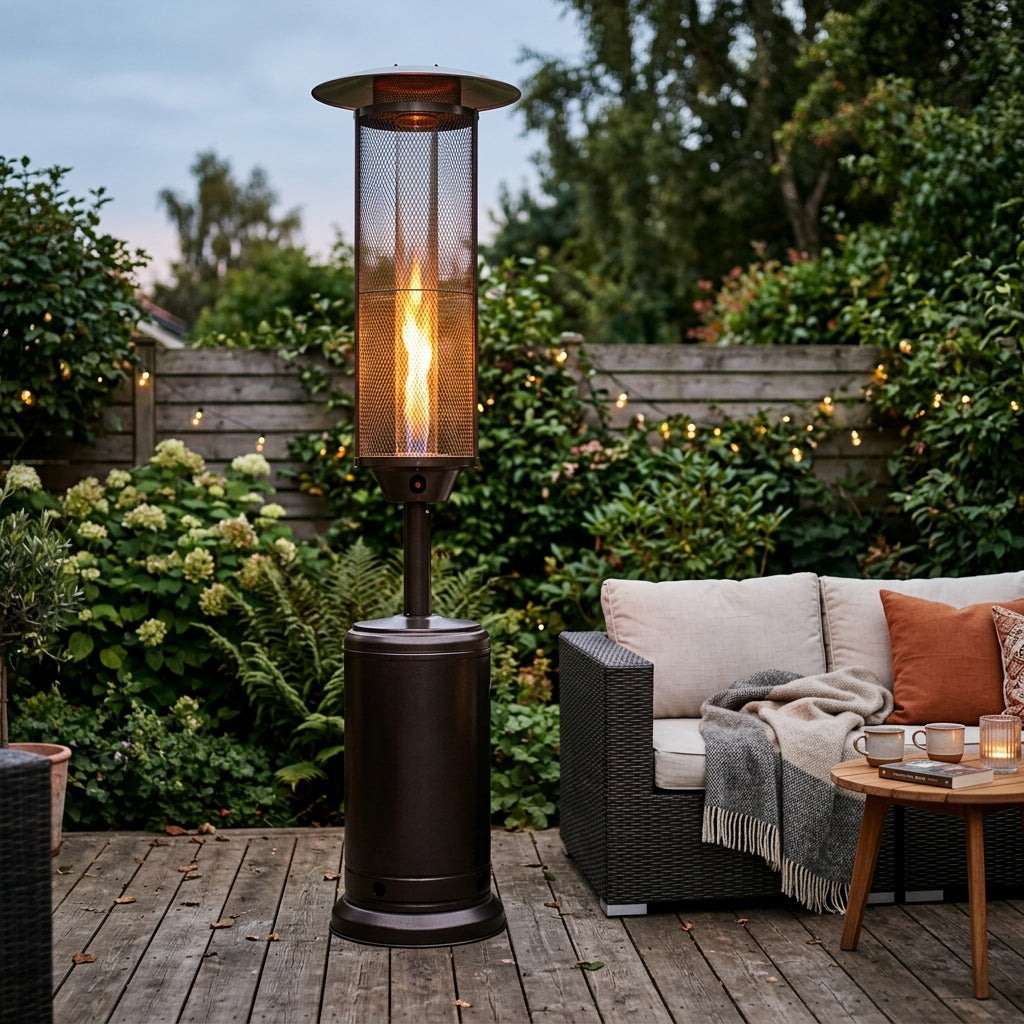 Freestanding gas patio heater glowing beside outdoor seating