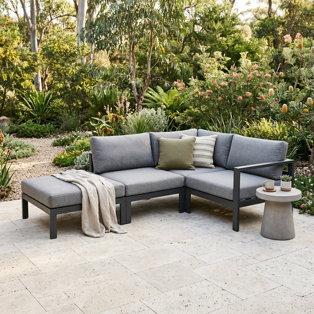 Modular outdoor corner lounge in L-shape with chaise end