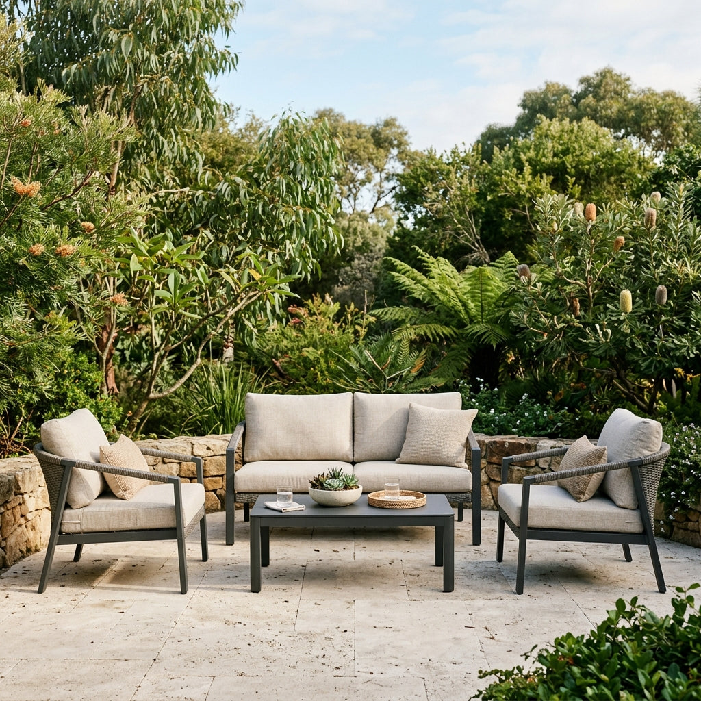 Classic outdoor lounge set with sofa and two armchairs