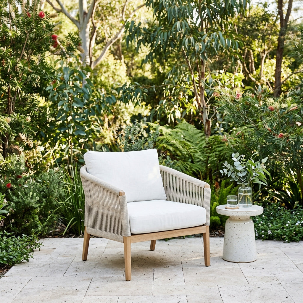 Outdoor armchair in rope weave with side table
