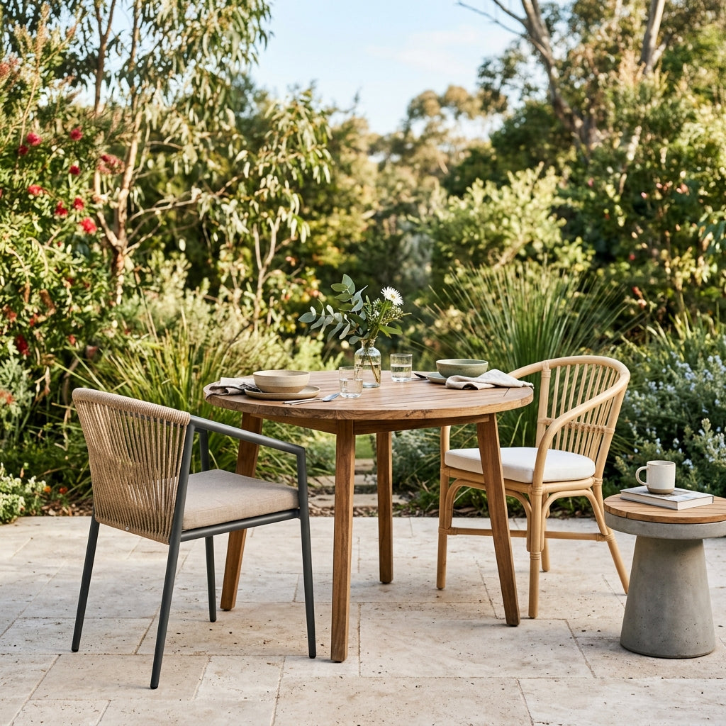 Round timber outdoor table with two stylish chairs