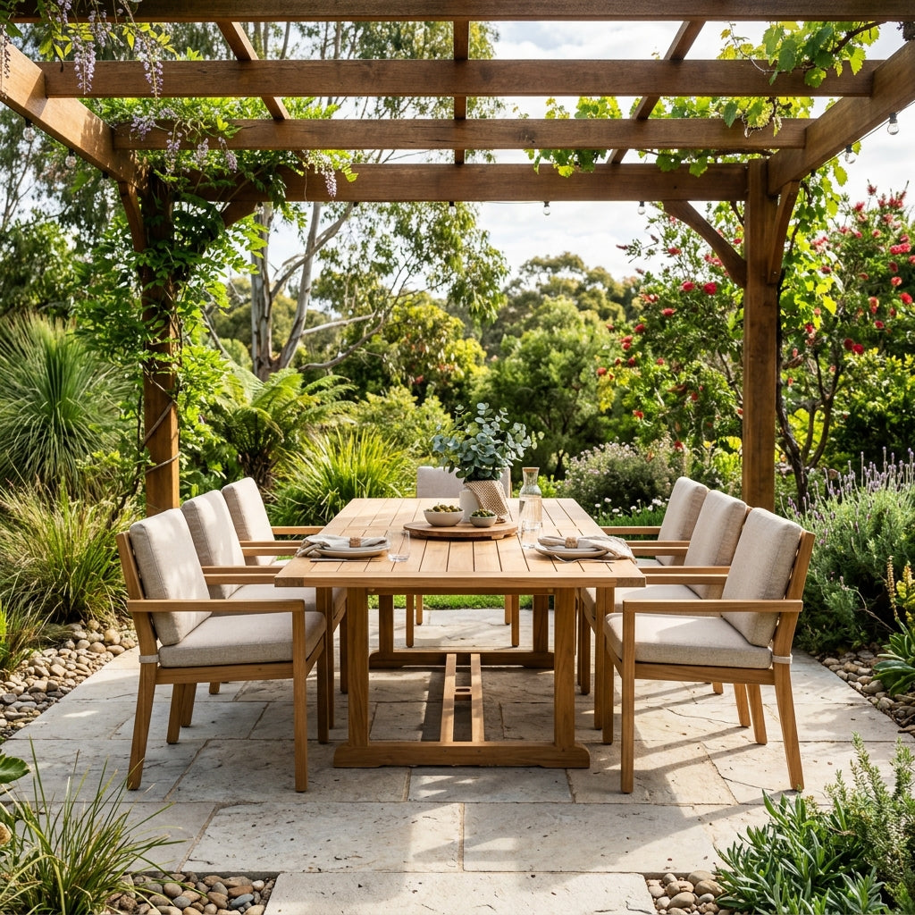 Timber pergola over an outdoor dining setting