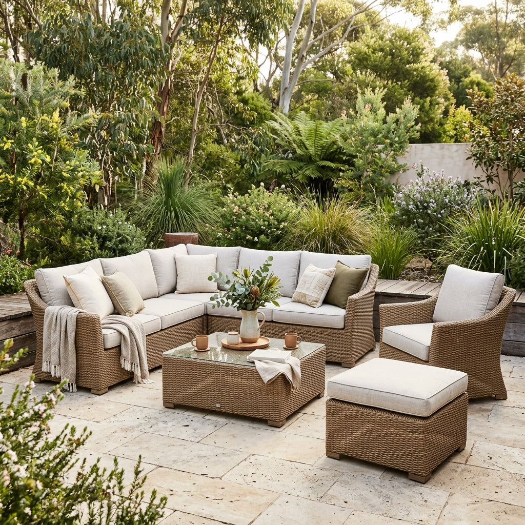 Complete outdoor lounge package with corner sofa, armchair and coffee table