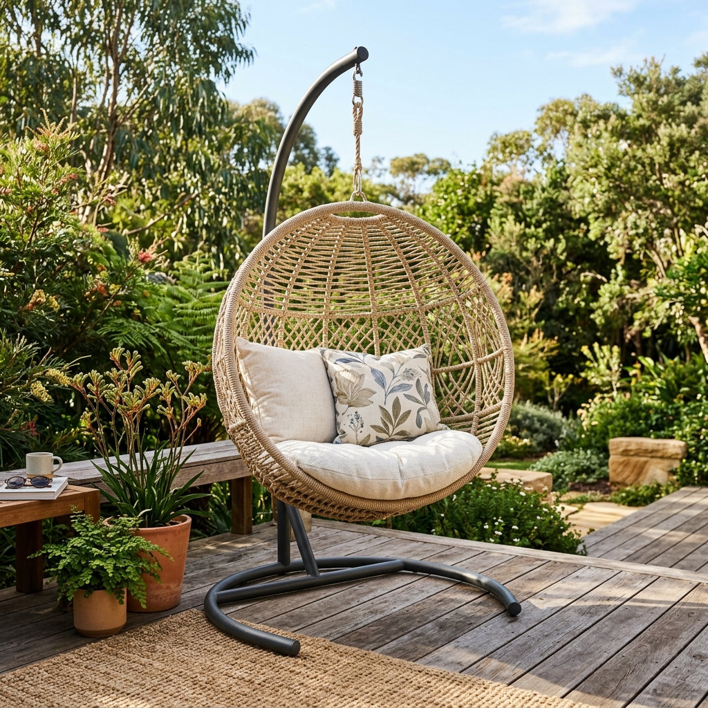 Pod chair cushion in a hanging egg chair