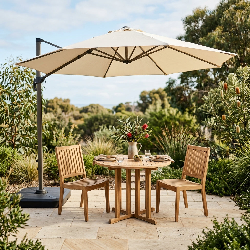 Cream cantilever umbrella shading an outdoor setting