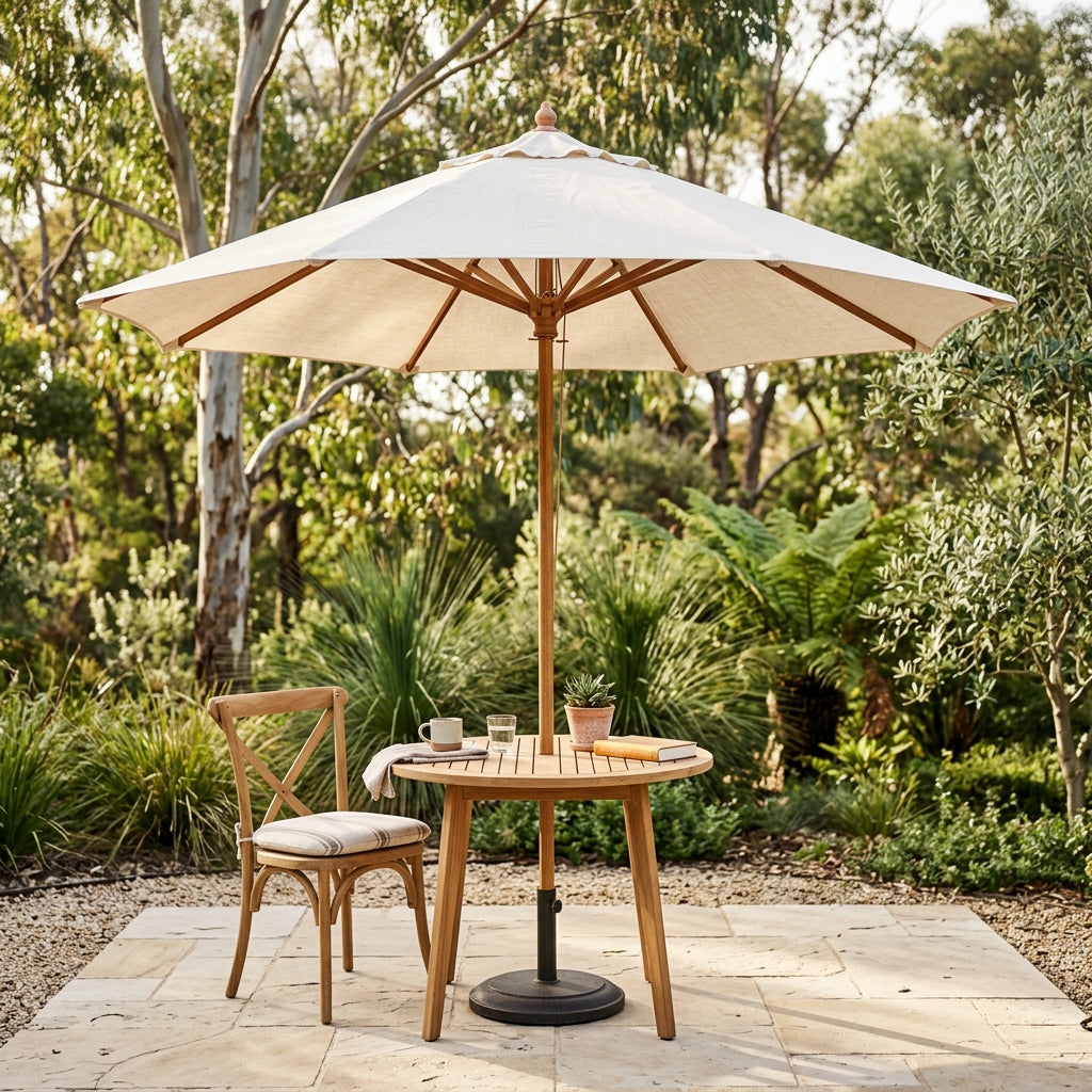 Centre-pole canvas outdoor umbrella over a cafe table