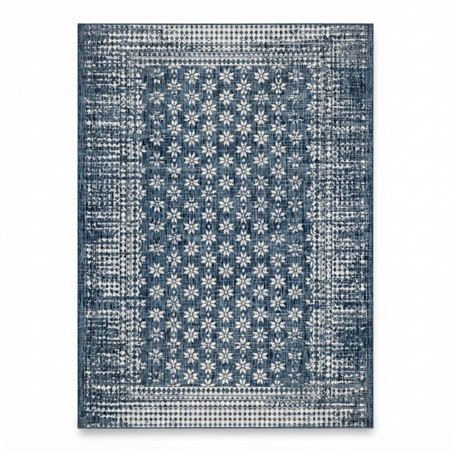 Pearl Blue Floral Polypropylene - Outdoor Rug — studio view