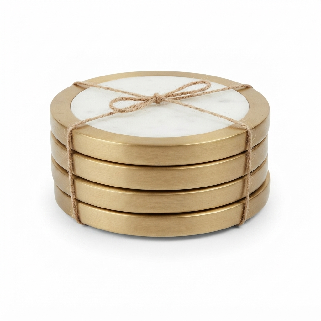 Circa S/4 Marble Brass Coasters 10cm White — studio view