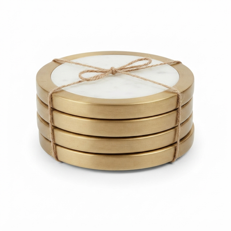 Circa S/4 Marble Brass Coasters 10cm White — studio view