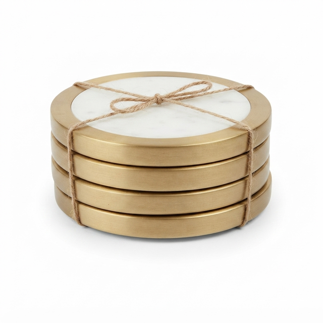 Circa S/4 Marble Brass Coasters 10cm White — studio view
