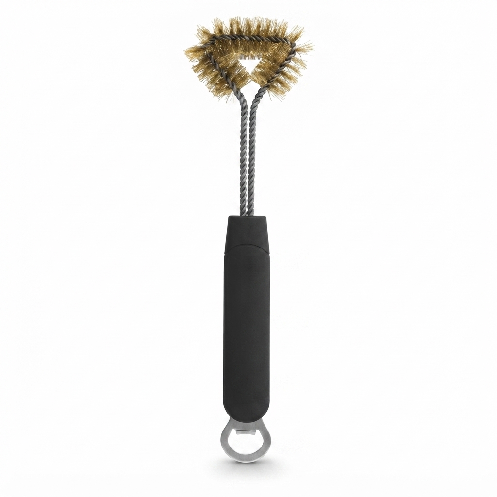 Three Sided Grill Brush with Bottle Opener — front view