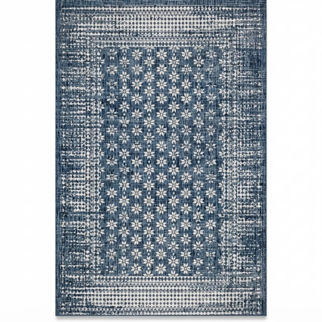 Pearl Blue Floral Polypropylene - Outdoor Rug — front view
