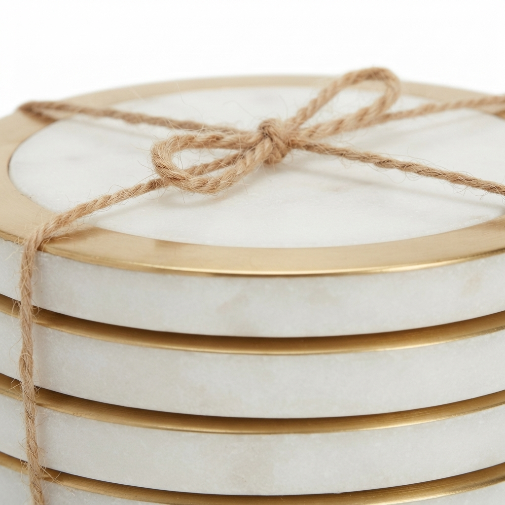 Circa S/4 Marble Brass Coasters 10cm White — detail close-up