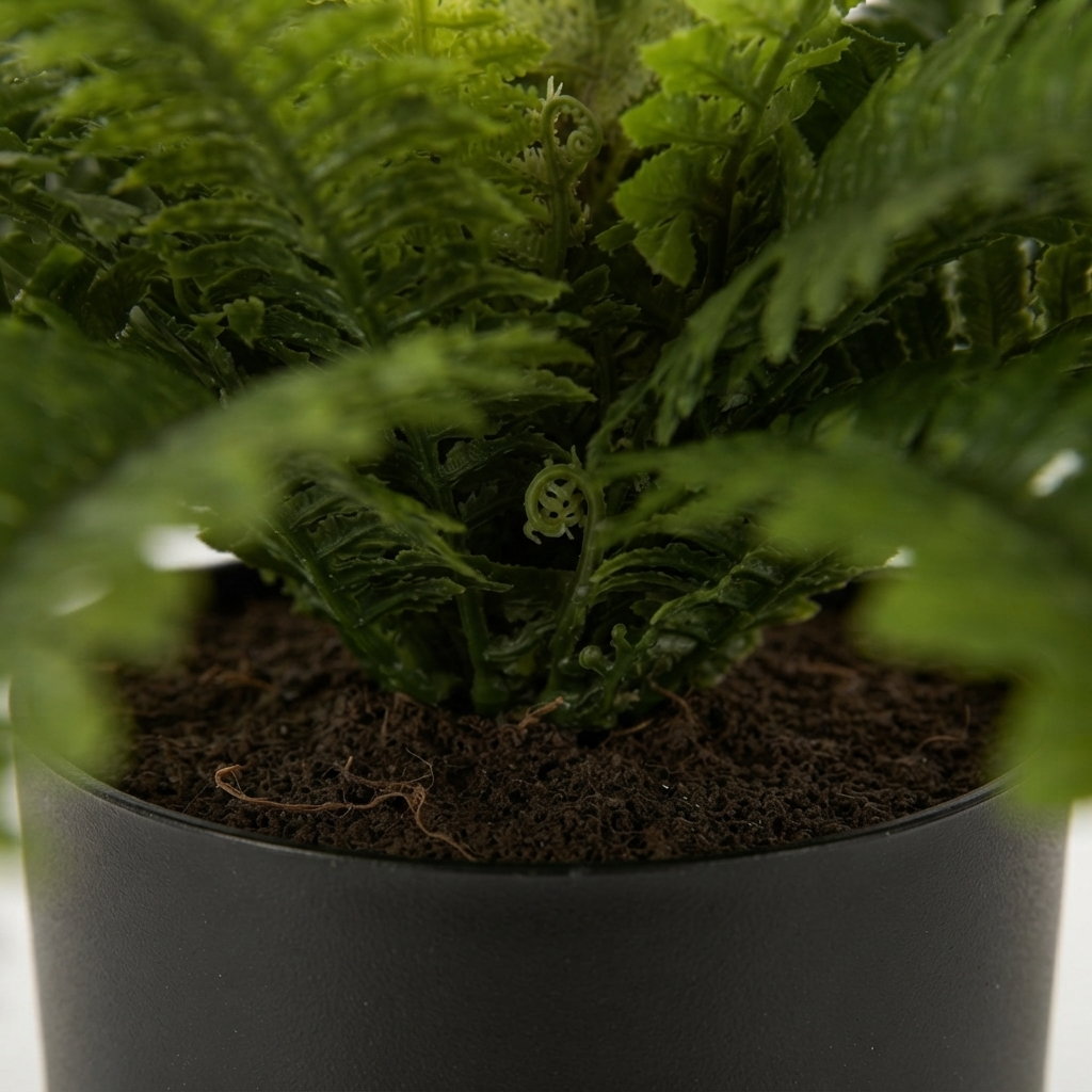 Boston Fern in Blk Pot- Artificial Plant — detail close-up