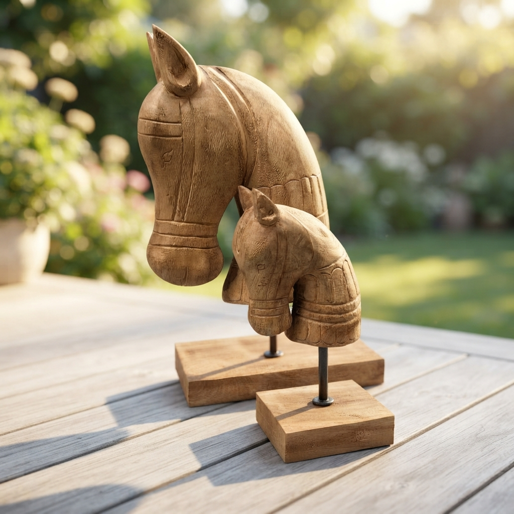Teak Horse Carving — outdoor setting