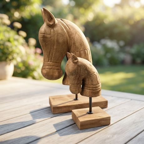 Teak Horse Carving — outdoor setting