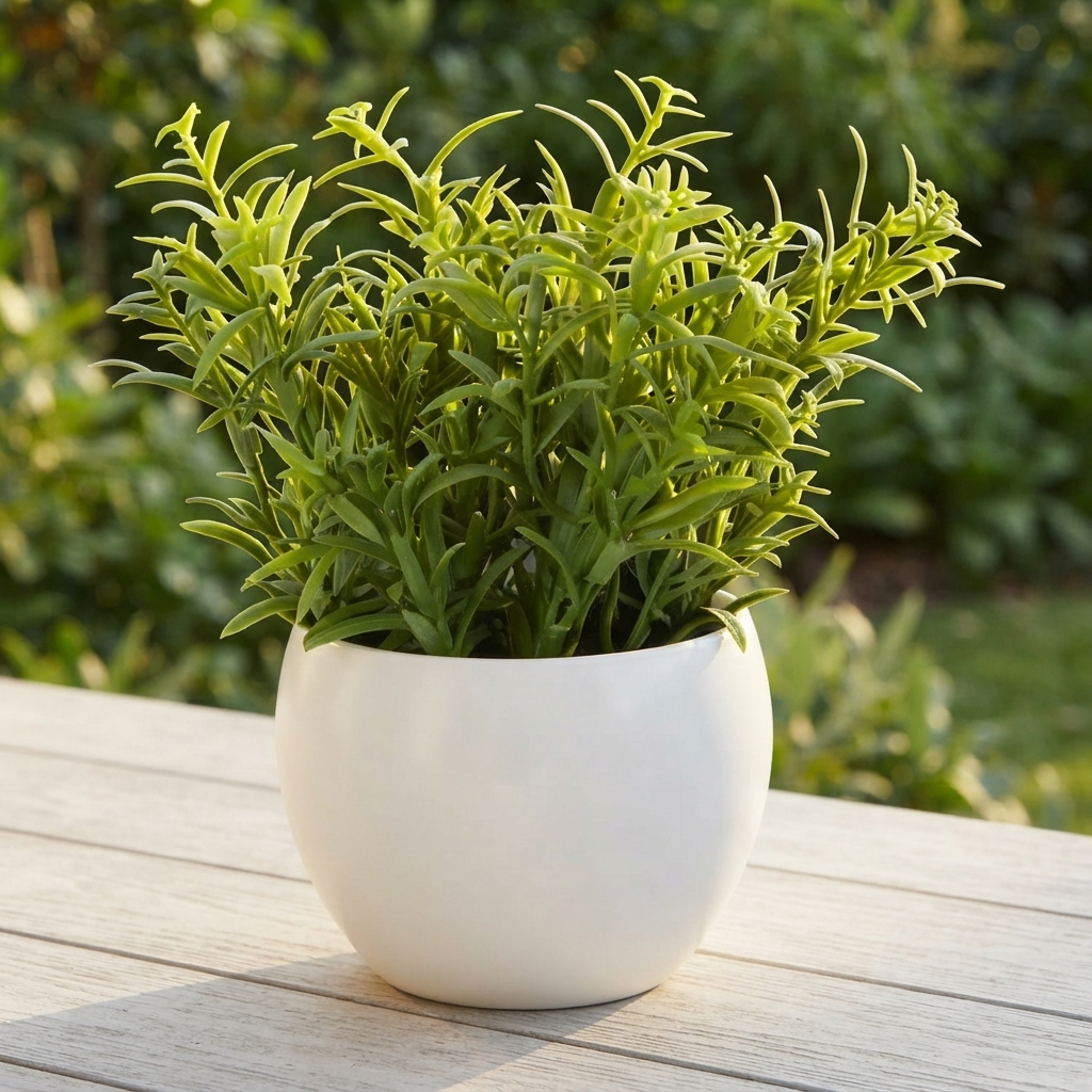 Sedum in White Melamine Pot — outdoor setting