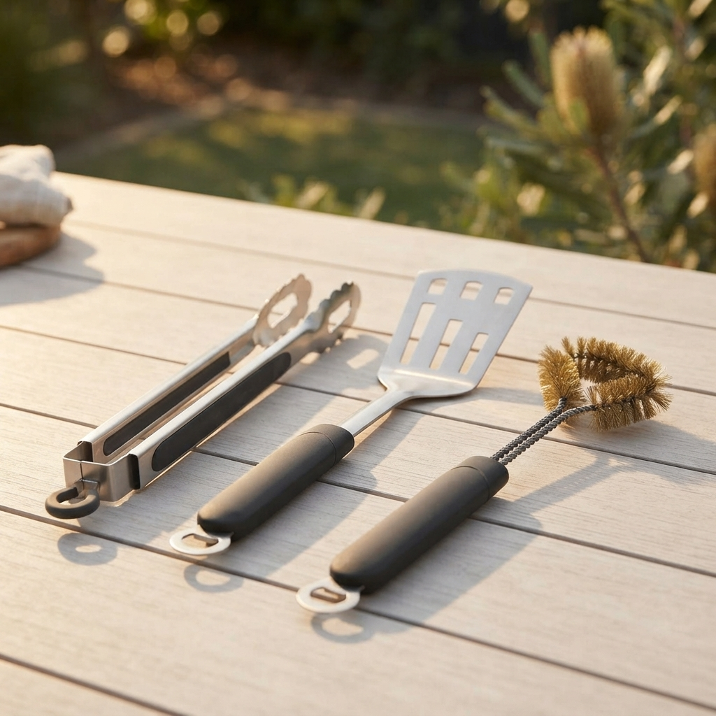 3 Piece Stainless Steel BBQ Toolset — outdoor setting