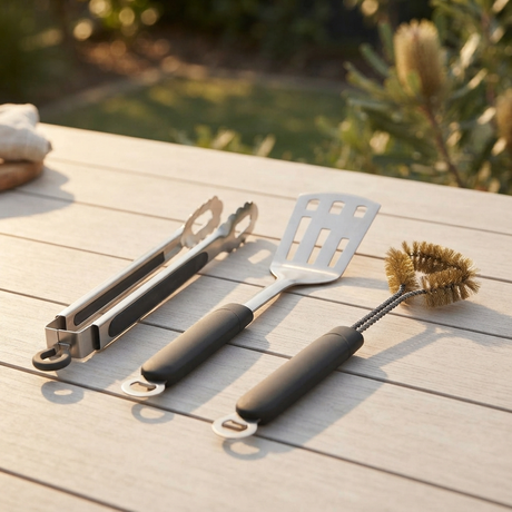 3 Piece Stainless Steel BBQ Toolset — outdoor setting
